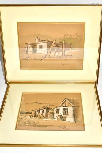 Two South African school works on paper by Barry John, with homes in mountainous landscapes, with