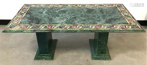 A c1980s marble style stone coffee table, rectangular panel top having inlaid floral scroll