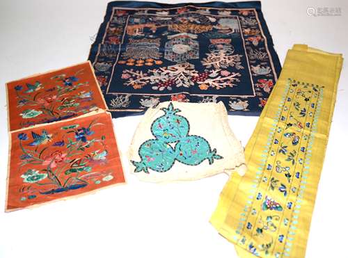 A small group of Chinese textiles, to include several silk embroideries, one on a turquoise floral