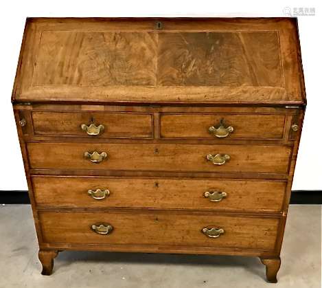 A George III mahogany bureau, 108cm wide x 110cm high, nice fitted interior, inlay to drop flap,