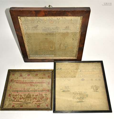 Three children's alphabet and practice needlework samplers, to include a mahogany framed example