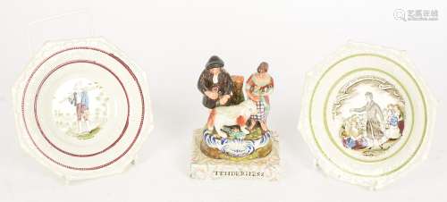A 19th Century pearl ware Staffordshire group, Tenderness', two figures and a lamb, raised on an