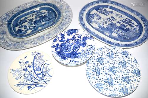 A 19th Century Wedgwood meat plate in the willow pattern, 48cm x 39cm, together with a quantity of