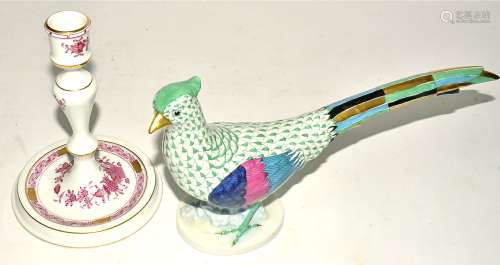A Herend Hungarian porcelain pheasant, in the green colourway, with plume of gold, blue and black,