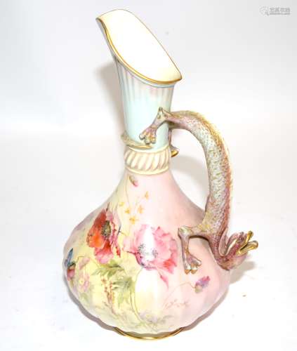 A Royal Worcester hand painted ewer with handle in the form of a mythical scaly creature, with