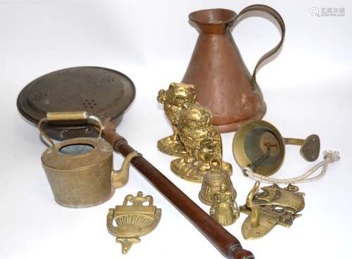 A quantity of metal ware, to include a Copper jug, brass door fixtures for example a Regency style