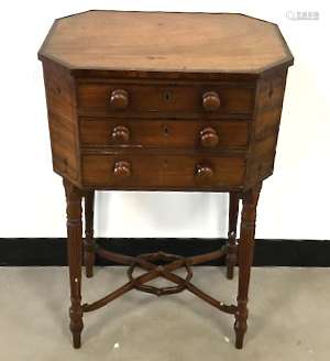 A Victorian mahogany and inlaid sewing table, octagonal top with two drawers, 45cm x 33cm x 72cm