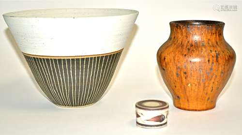 Three pieces of 20th Century studio pottery, a high fired stoneware vase with iron oxide marks and