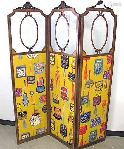 A three fold Edwardian inlaid screen, mahogany frame with cross banding and stringing surmounted