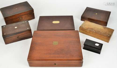 A collection of various wooden boxes, some 19th Century, including rosewood, mahogany, ebony, and