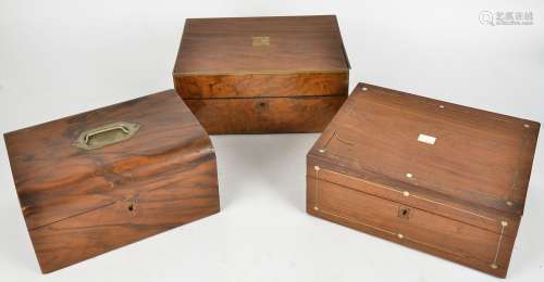 Four 19th Century walnut boxes, to include jewellery, writing etc, together with an early 20th