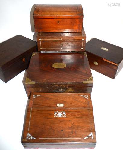 Six 19th Century wooden boxes, for restoration, various woods, writing, jewellery etc (6)