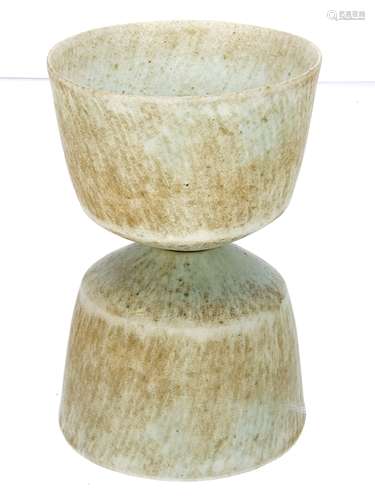 John Ward (b.1938 Contemporary) a large stoneware hand built white oval pot, with sloping grooves,