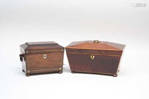 Two 19th century sarcophagus shaped tea caddies, the smallest veneered in rosewood with strung