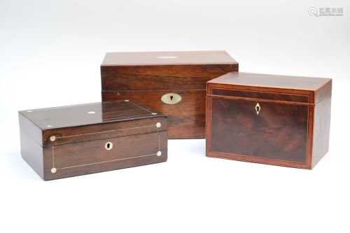 A 19th century tea caddy, with flamed mahogany veneered hinged cover and strung borders, together