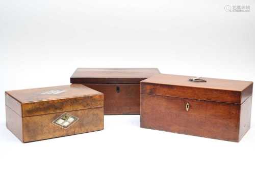 A 19th century twin-divisional tea caddy with hinged cover, together with a stationary box