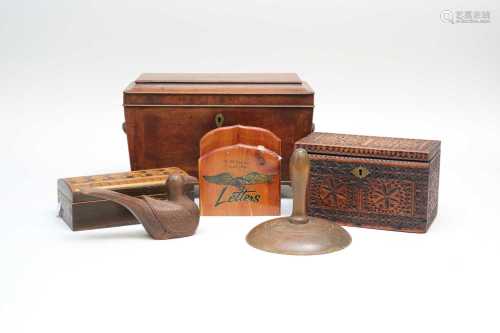 A 19th century sarcophagus shaped tea caddy, together with further wooden boxes, a treen letter rack
