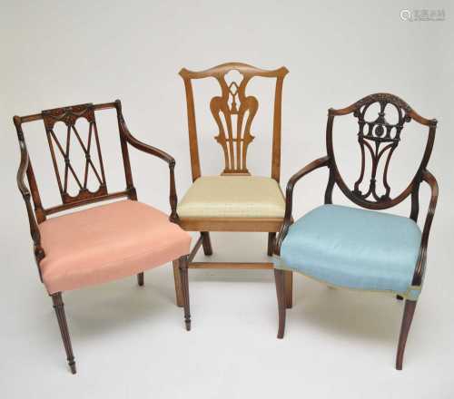 Two mahogany armchairs and a single dining chair, 19th century and later.
