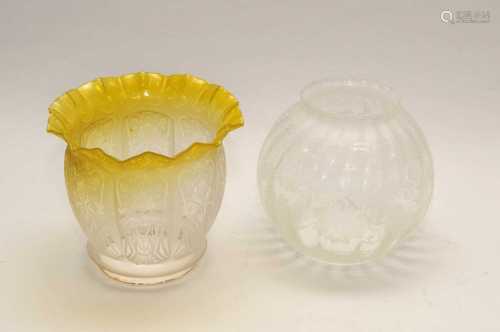 A uranium yellow tinted etched glass lamp shade and one other (2)