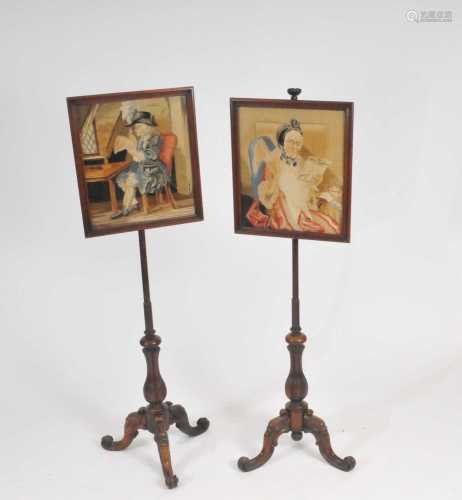 A pair of 19th century mahogany pole screens, each with framed embroidered panels, one detpicting
