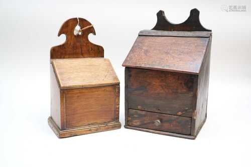 Two Welsh oak candle boxes, the largest measuring 39cm high, 24 x 20cm, the smaller measuring 36cm