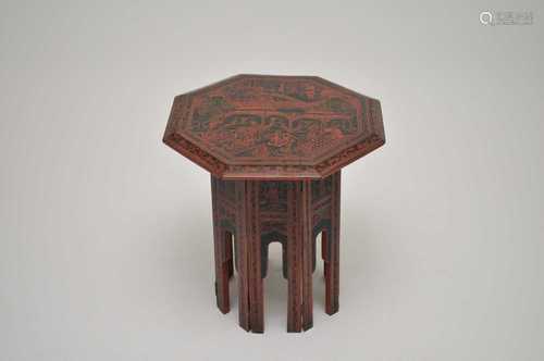 A small Oriental octagonal lacquered folding occasional / prayer table, 46cm high, 50cm diameter.