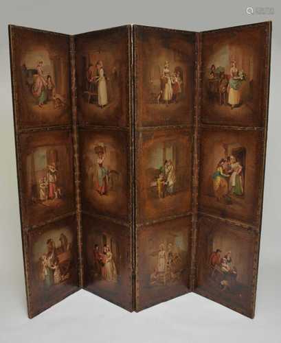 A four-fold painted leather screen (later backed) painted with 12 scenes of figures, 188 x 204cm.