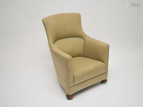 A small upholstered tub armchair, 85cm high, 63cm wide, 35cm seat height.