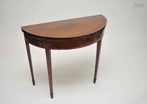 A George III satinwood cross-banded, mahogany, semi-circular card table, decorated with satinwood