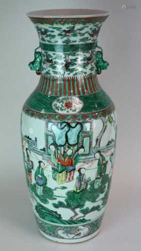 A large 19th century Chinese famille verte porcelain vase, decorated with figures in a courtyard