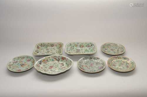 An associated collection of Cantonese celadon ground dinner wares, comprising eleven plates (largest