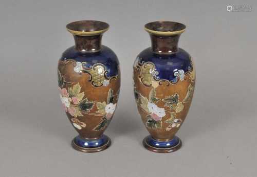 A pair of Royal Doulton Slaters Patent baluster vases, decorated with pink and white flowers against