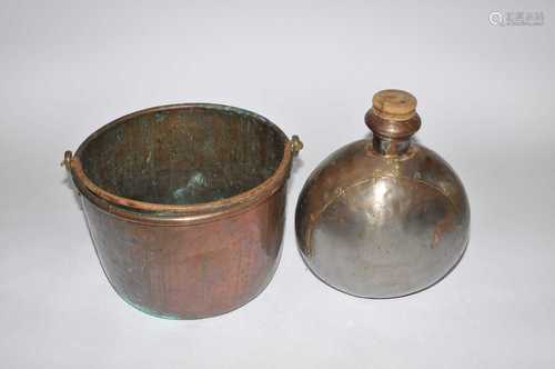 A very large Victorian copper boiling pan with brass mounts and loop handle, 39cm high, 57cm