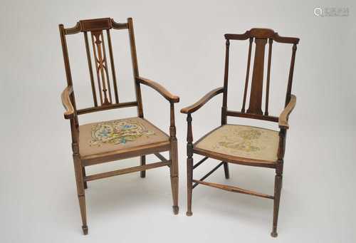 An Edwardian mahogany elbow chair with strung borders, together with another similar (2)