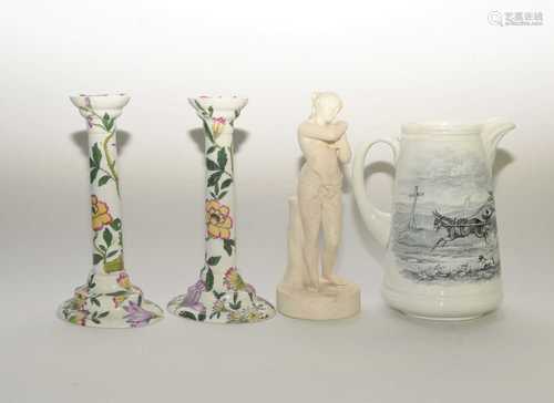 Victorian jug, parian figure and a pair of Copeland Spode candlesticks