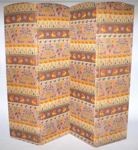 A large Edwardian or earlier four-fold / screen, covered in a brightly coloured folk art-style