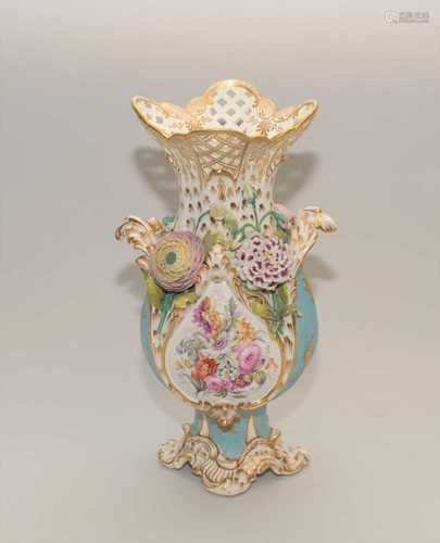 A Coalbrookdale floral encrusted vase, circa 1830-40 with twin open handles and a pierced neck,