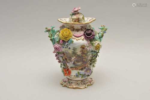 An English porcelain twin-handled vase and cover, possibly Coalport circa 1840 one side painted with