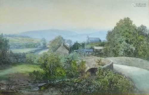 William Joseph Wadham (British 1863-1950) Welsh cottages beside a bridge