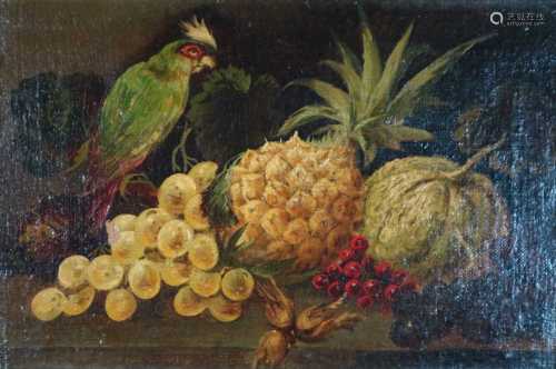 Pair of Still Life studies of Pineapples, Pumpkins and Parakeets