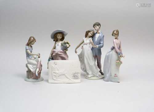 Four Lladro porcelain figures and a parian plaque