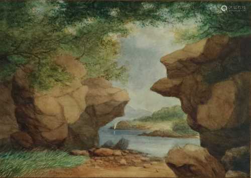 R Hauden (British School), Watercolour of a Rocky Lakeside