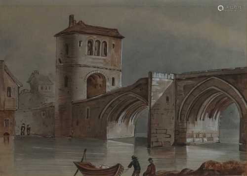 Watercolour of Figures with a rowing boat before a Fortified Bridge