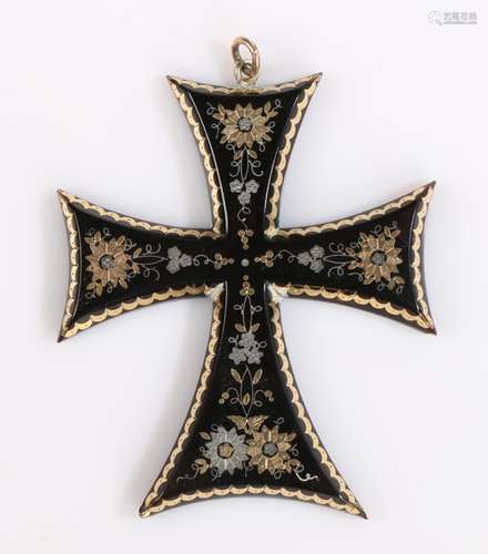 19th Century tortoiseshell and pique cross pendant, with gold and silver foliate inlay to the cross,