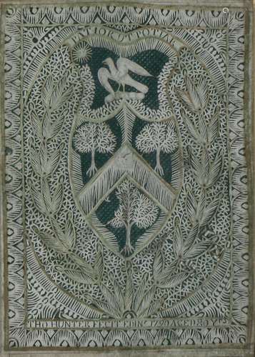 18th Century Scottish cut paper picture of a coat of arms, with the Latin motto 