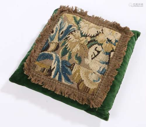 17th Century Flemish embroidered cushion, from Oudenaarde, the square panel with dense flower