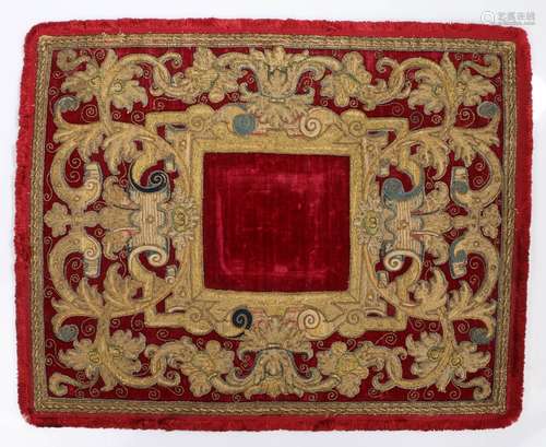 16th Century Spanish sculpture table cloth, with a red velvet ground and scrolling wirework