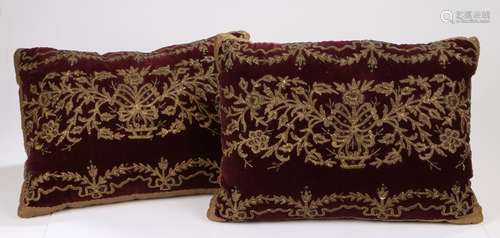 Pair of late 18th / early 19th Century deep red velvet and silver metal thread embossed cushions,