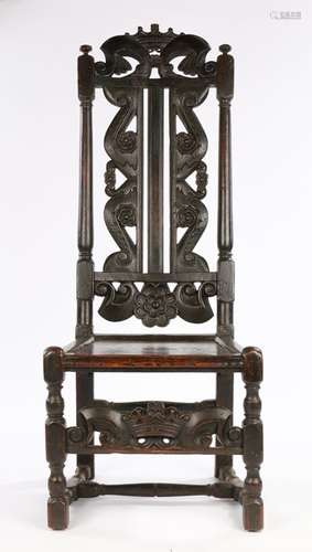 Charles II Oak and Ash ‘Carolean’ Chair, English, circa 1670 – 1685, the twin scroll crest with a