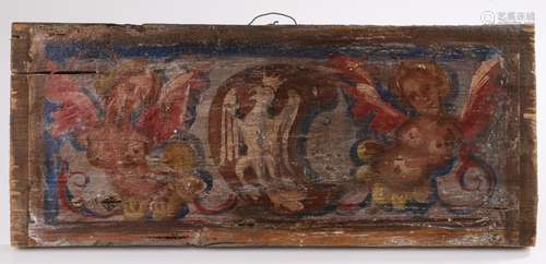 17th Century oak and polychrome painted ceiling tile, the rectangular panel with two winged putti